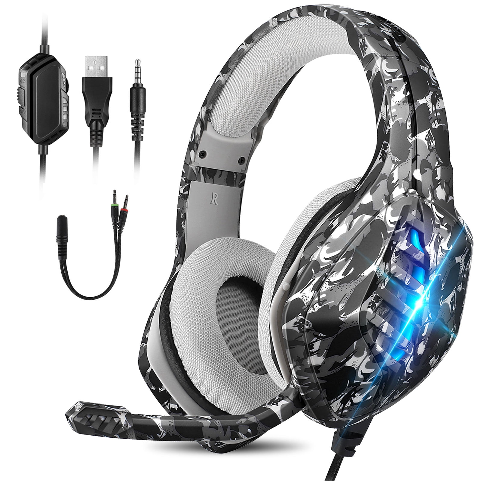 Gaming Headset for PS4, PS5, Xbox One, Nintendo Switch, , Stereo Gaming Headphones with Noise Canceling Mic, Memory Earmuffs, LED Lights, 3.5mm Over