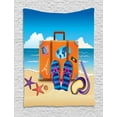 thumbnail image 1 of Flip Flop Tapestry, Illustration of Travel Suitcase with Colorful Stickers on and Snorkeling Mask, Wall Hanging for Bedroom Living Room Dorm Decor, 60W X 80L Inches, Multicolor, by Ambesonne, 1 of 2