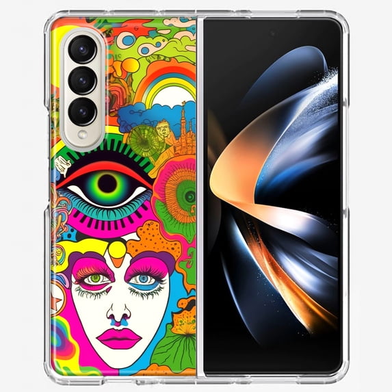 MUNDAZE Samsung Galaxy Z Fold 4 Shockproof Clear Hybrid Protective Phone Case Neon Rainbow Psychedelic Trippy Hippie Daydream