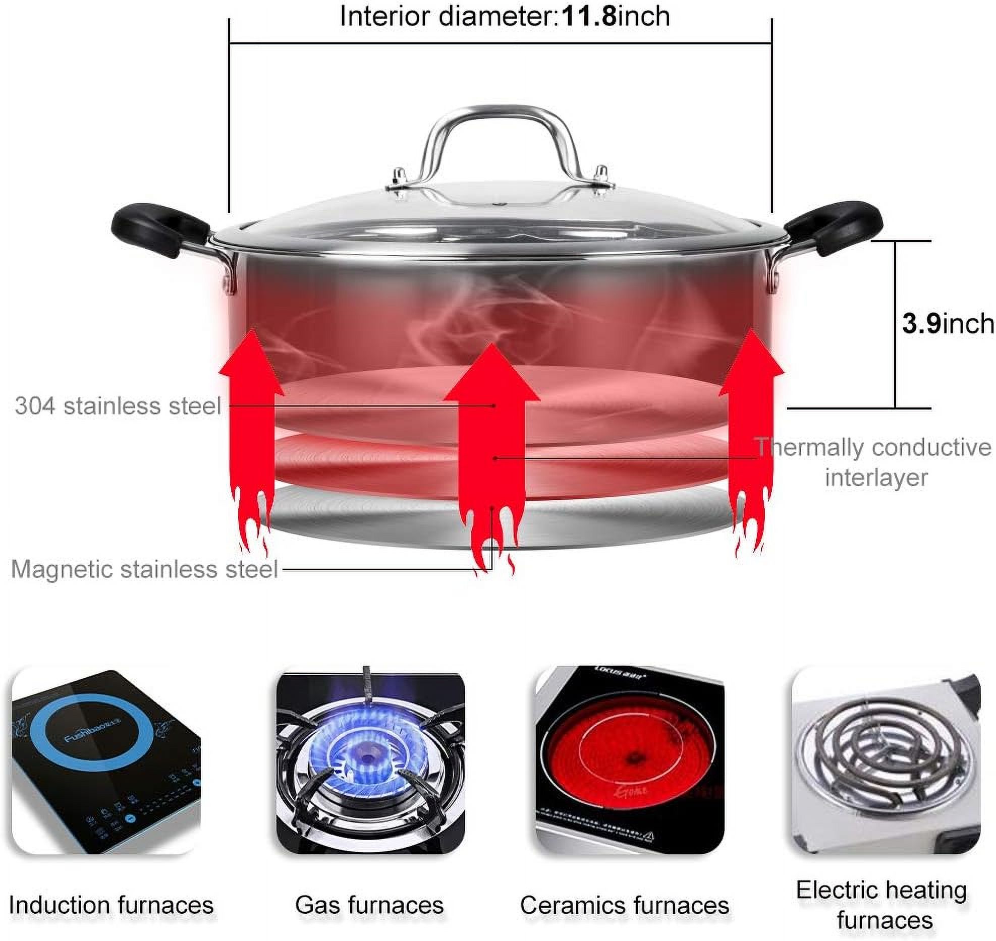 304 Food Grade Stainless Steel Shabu Shabu Hot pot with Divider&Lid for Induction Cooktop Gas Stove Dual Sided Soup Cookware (stainlees steel, 11 inch)