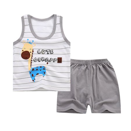 - Kids Infants Boys Girls Cartoon Sleeveless T-shirt Shorts Set Light gray stripe cartoon deer 60#