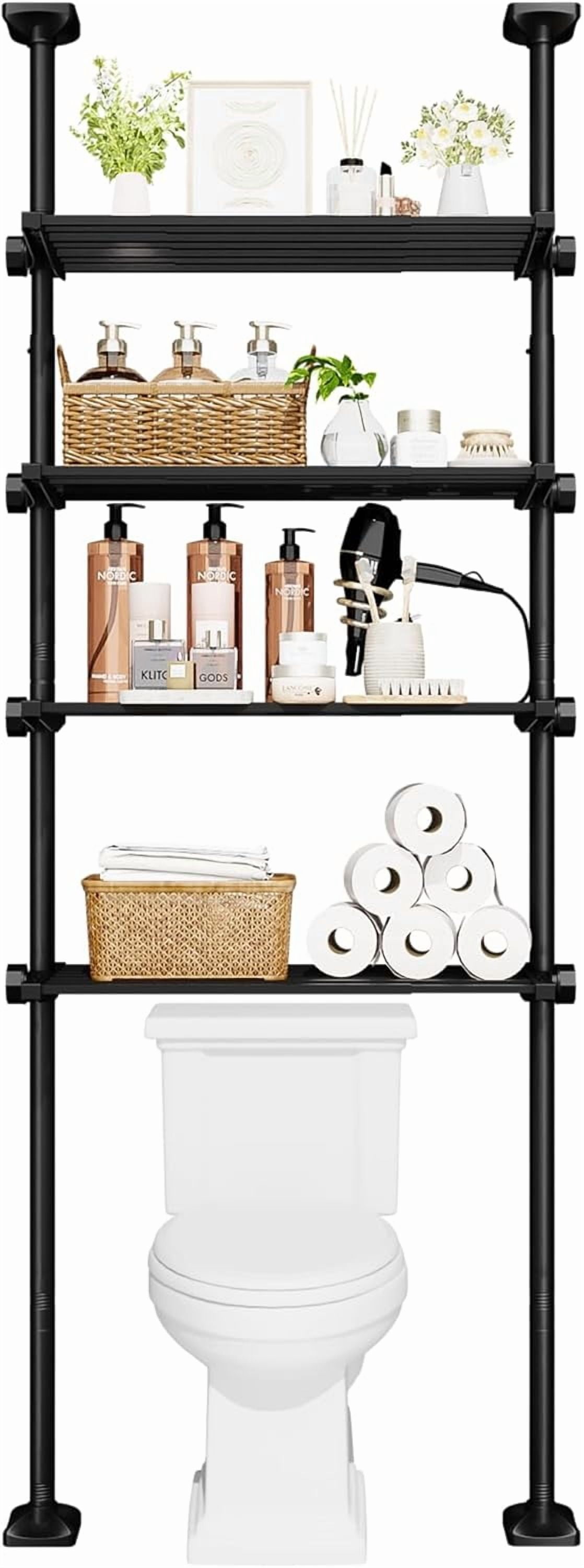 Over The Toilet Storage Shelf, 4-Tier Adjustable Bathroom Organizer, No Drill Tension Mounted Shelves, Space-Saving Bathroom Cabinet Rack Above Toilet for Small Rooms, Black