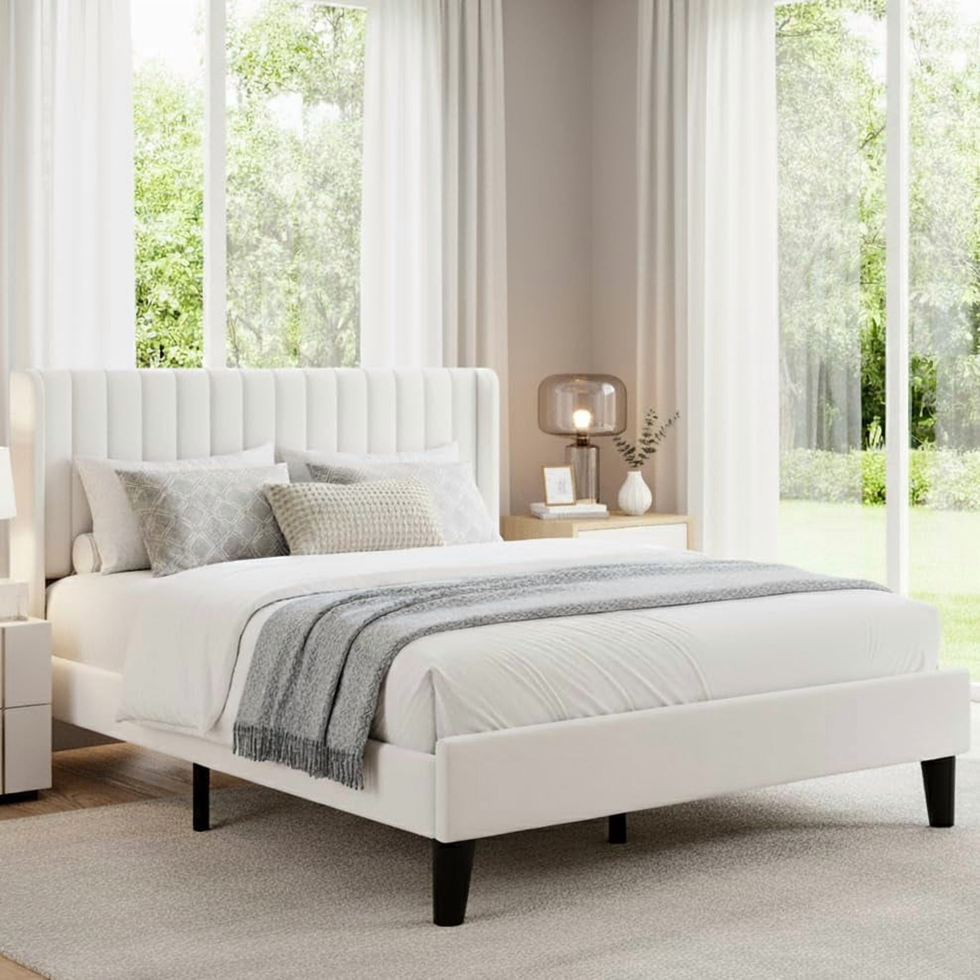 CuisinAid Queen Size Velvet Bed Frame with Wingback Headboard, Upholstered Platform Bed, No Box Spring Needed，White