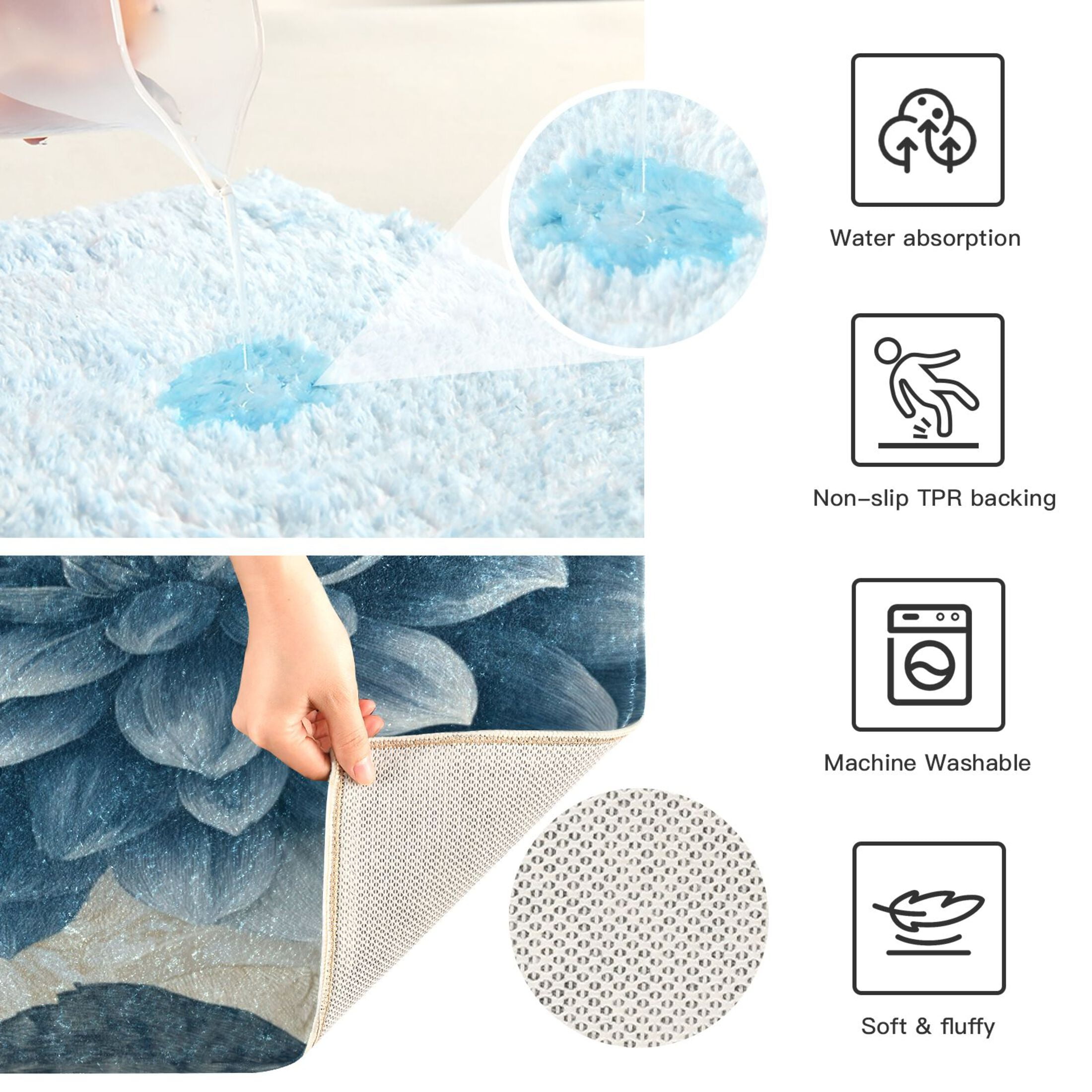 2 Piece Bath Mat Set with U-Shaped Toilet Mat and Rectangle Bath Rugs Non Slip Machine Washable Bathroom Mats Blue Flower with Butterflies