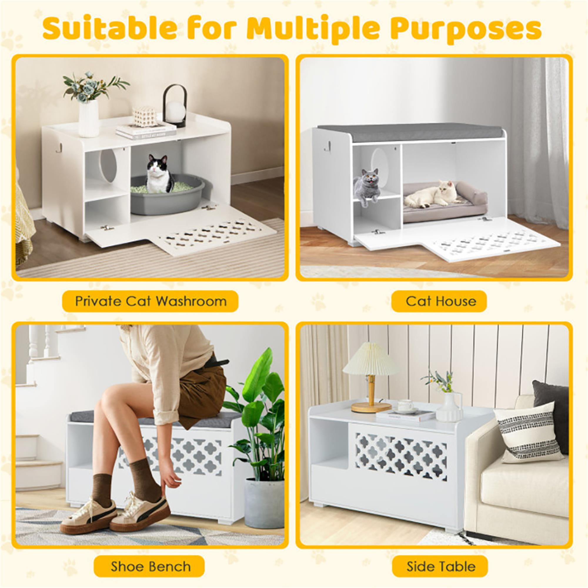 Kadyn 35" Cat Litter Box Enclosure Hidden, Wooden Cat Furniture Storage Bench Kitty Cat Washroom, Indoor Cat Box Cabinet Fit Most of Litter Box, White