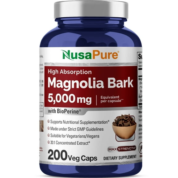 NusaPure Magnolia Bark 5000mg Capsules: Non-GMO, 20:1 Concentrated Extract, 200 Vegetarian Capsules, Dietary Supplement for Unisex Adult Health & Wellness