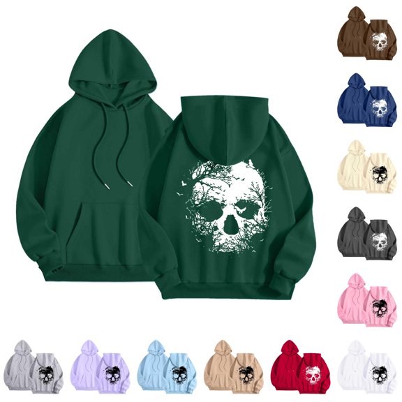 NinXxx Women's Print Pullover Hoodie Streetwear Drawstring Pouch Pocket Dark Green XL