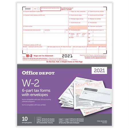 Office Depot® Brand W-2 Laser Tax Forms And Envelopes, 2-Up, 6-Part, 8-1/2" x 11", Pack Of 10 Form Sets