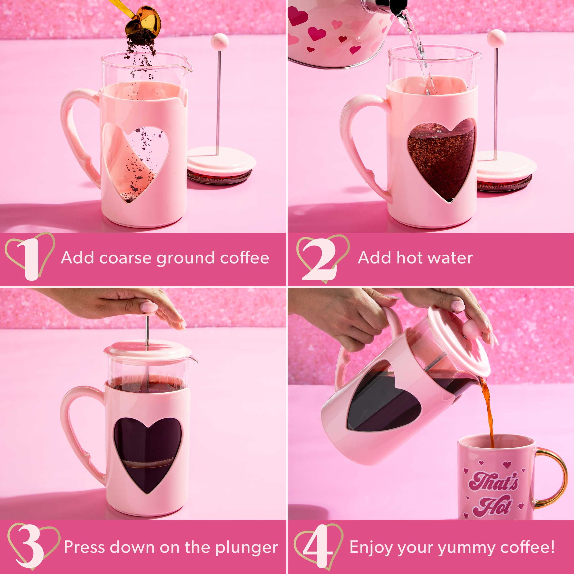 Paris Hilton Hearts 16oz Ceramic Coffee Mug and Electric Milk Frother Set -  Battery Powered, 2-Pieces, Pink