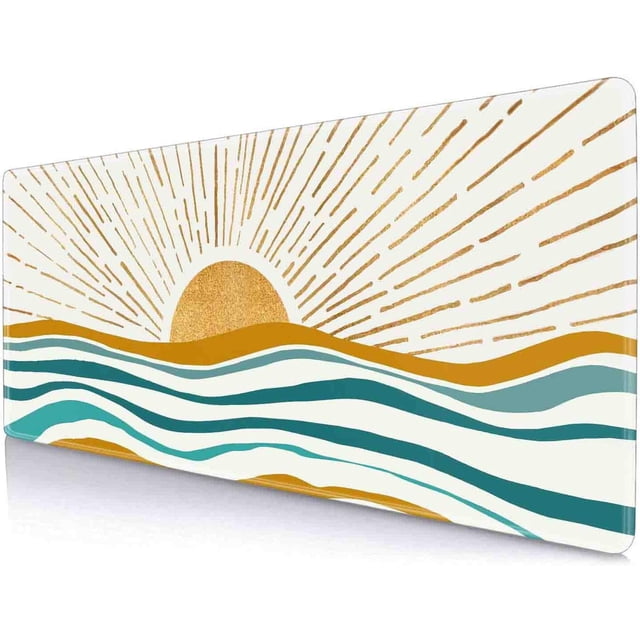 Large Gaming Mouse Pad, Keyboard Mouse Mat,Non-Slip Rubber Base Mousepad with Stitched Edges, Waterproof Keyboard Mouse Mat Desk Pad for Work, Laptop, 31.5 X 11.8 Inch, Gold Sun and Teal Ocean Waves