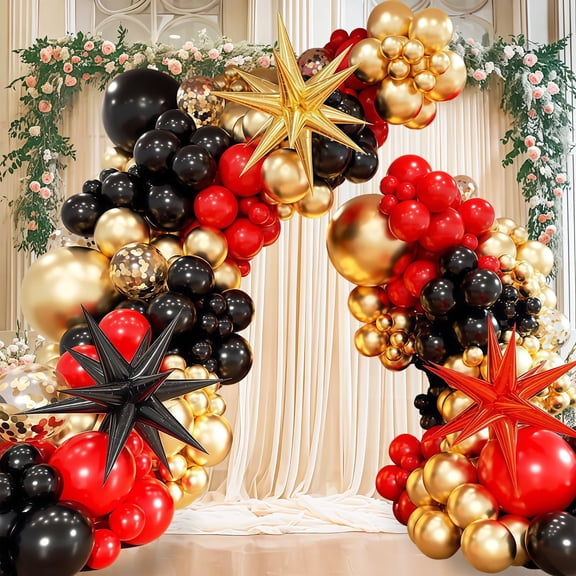 140PCS Red Black Gold Balloon Arch Kit – Birthday Party Decoration Set with Star Balloons, Metallic Garland for Casino Night, Movie Night & Celebration Decor