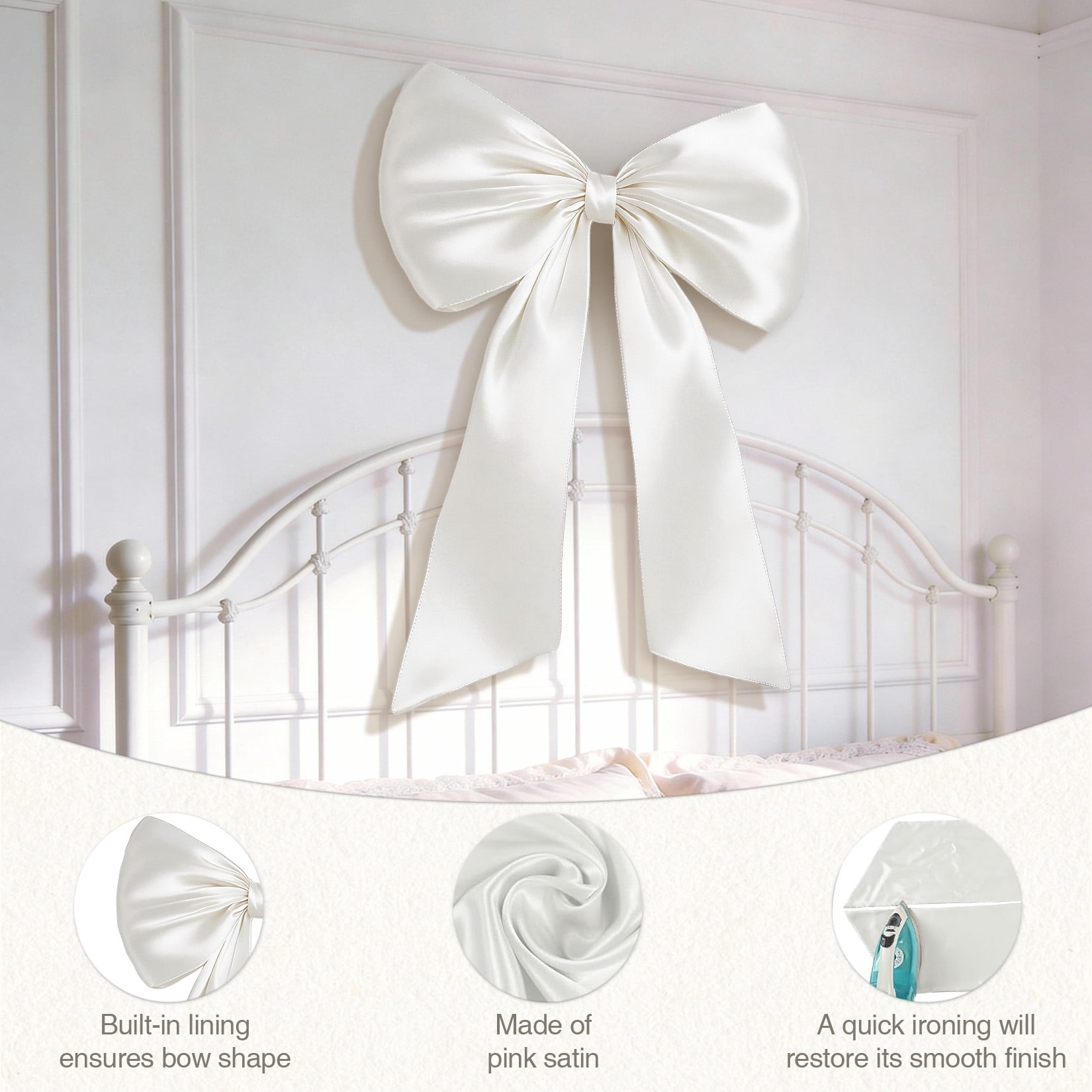 2 Pack Large Satin Bow Decorations 40 x 24 inch, Pre-Shaped Oversized Ribbon Bows for Wedding, Party, Gift Wrapping, Wall & Room Decor, Reusable, White