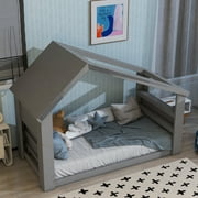 Tenozek Toddler Size House Floor Bed with Roof Window, Solid Wood Frame Toddler Bed with LED Light Strip for Kids Teens Girls Boys, Gray