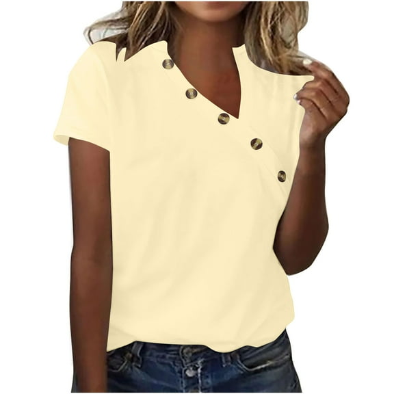 Posijego Women's Plus Size Shirts Asymmetric Collar Short Sleeve T-Shirts Side Buttons Summer Tops for Women