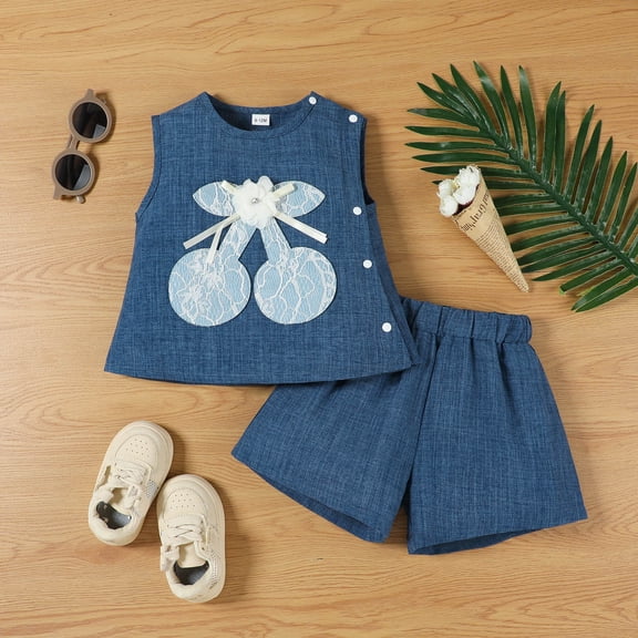 Girls Outfits 2 Piece Cherry Print Crew Neck Sleeveless Vest Top And Shorts for Daily Casual Baby Girls' Clothing Sets Blue 9-12 Months