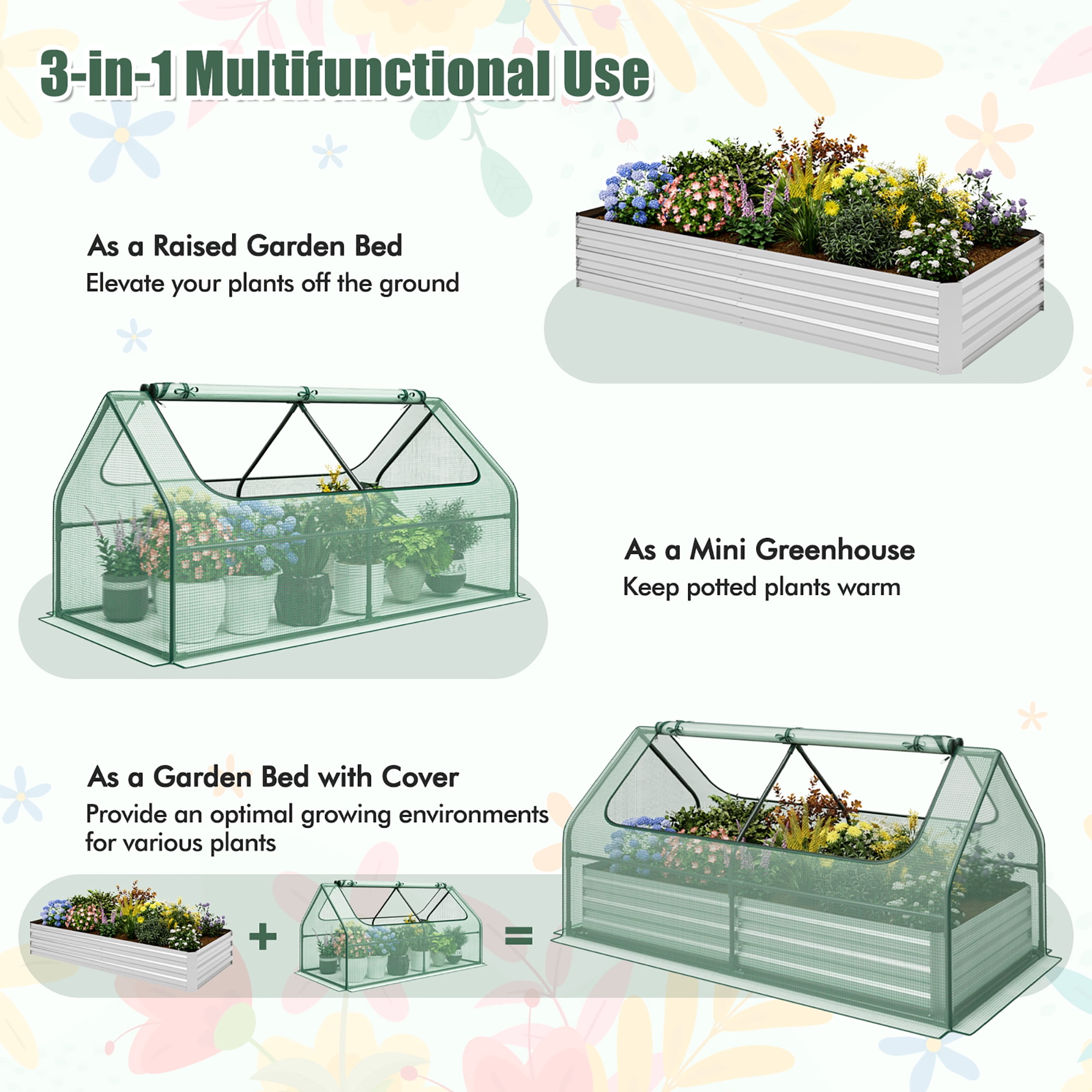 Gymax Galvanized Steel Raised Garden Bed Metal Planter Box Kit w/ Mini Greenhouse Cover