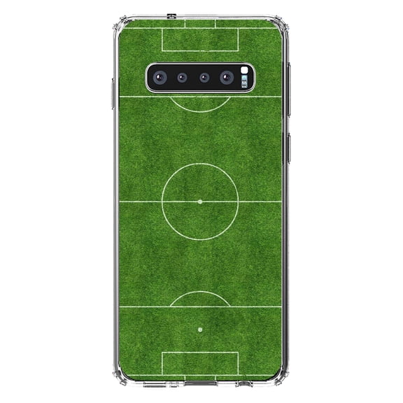 DistinctInk Clear Shockproof Hybrid Case for Samsung Galaxy S10 (6.1" Screen) - TPU Bumper, Acrylic Back, Tempered Glass Screen Protector - Soccer Field Layout