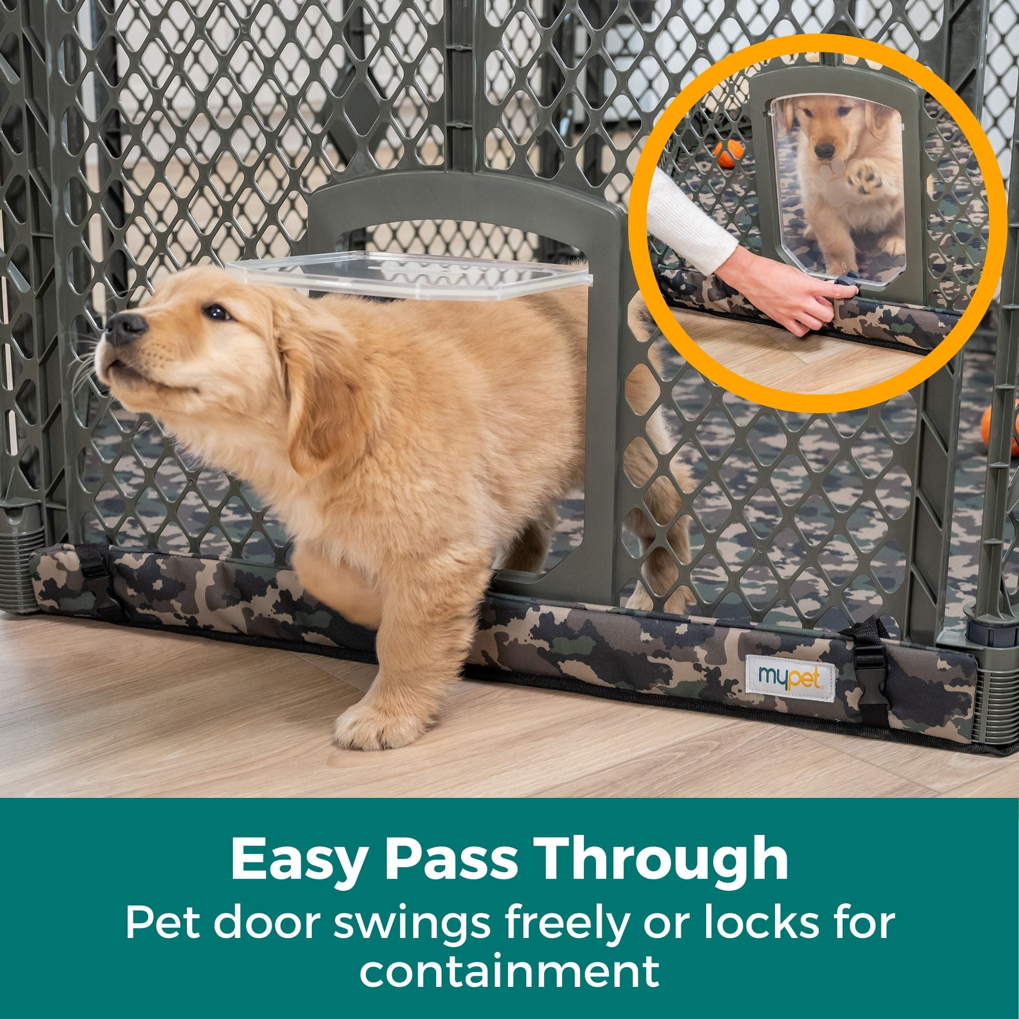 Petyard Protect Bundle, 6-Panel Indoor & Outdoor Playpen and Mat for Dogs, Green Camo