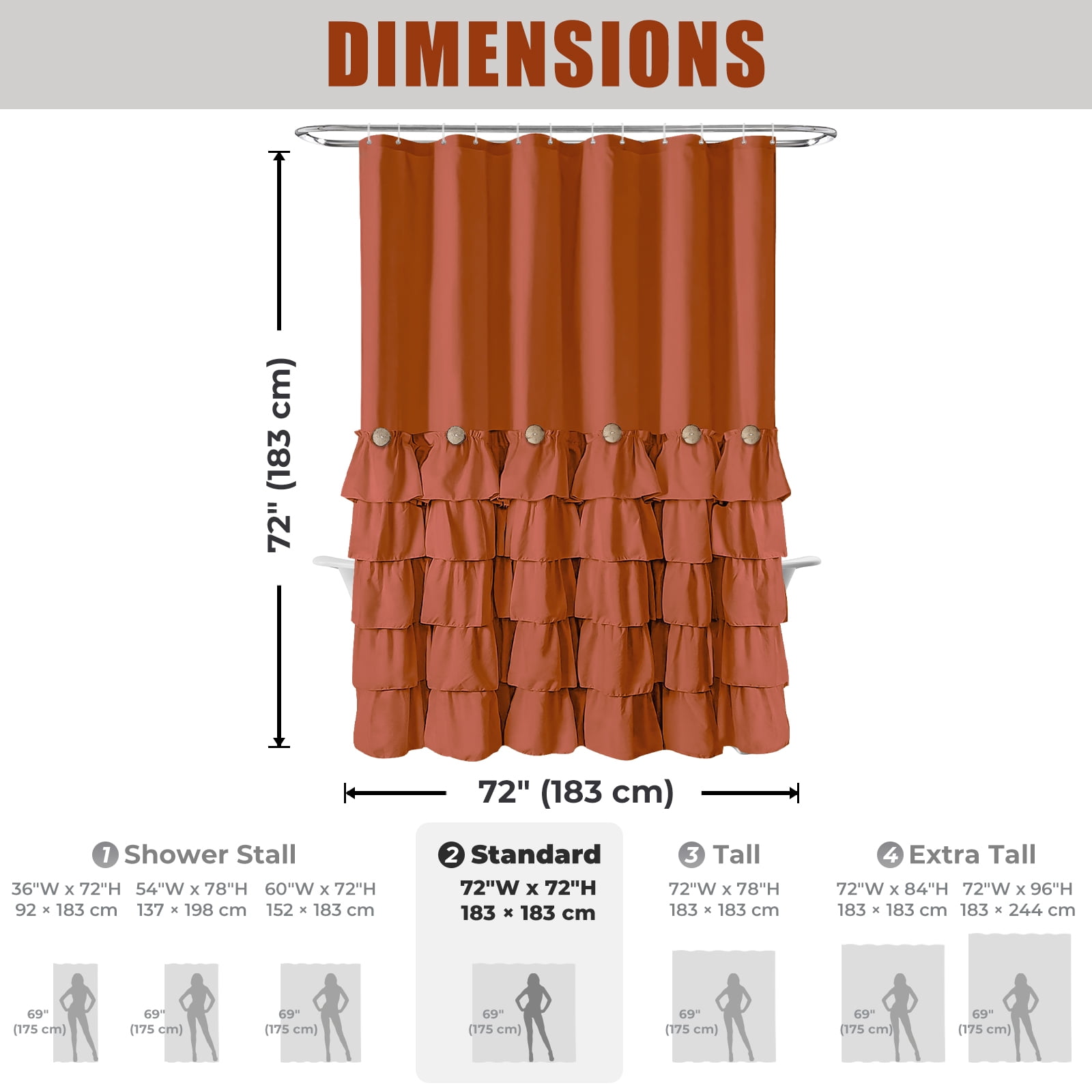 Lipa Farmhouse Ruffle Shower Curtain,Shabby Chic Shower Curtain with 12 Hooks,Dark Orange,72" x 72"