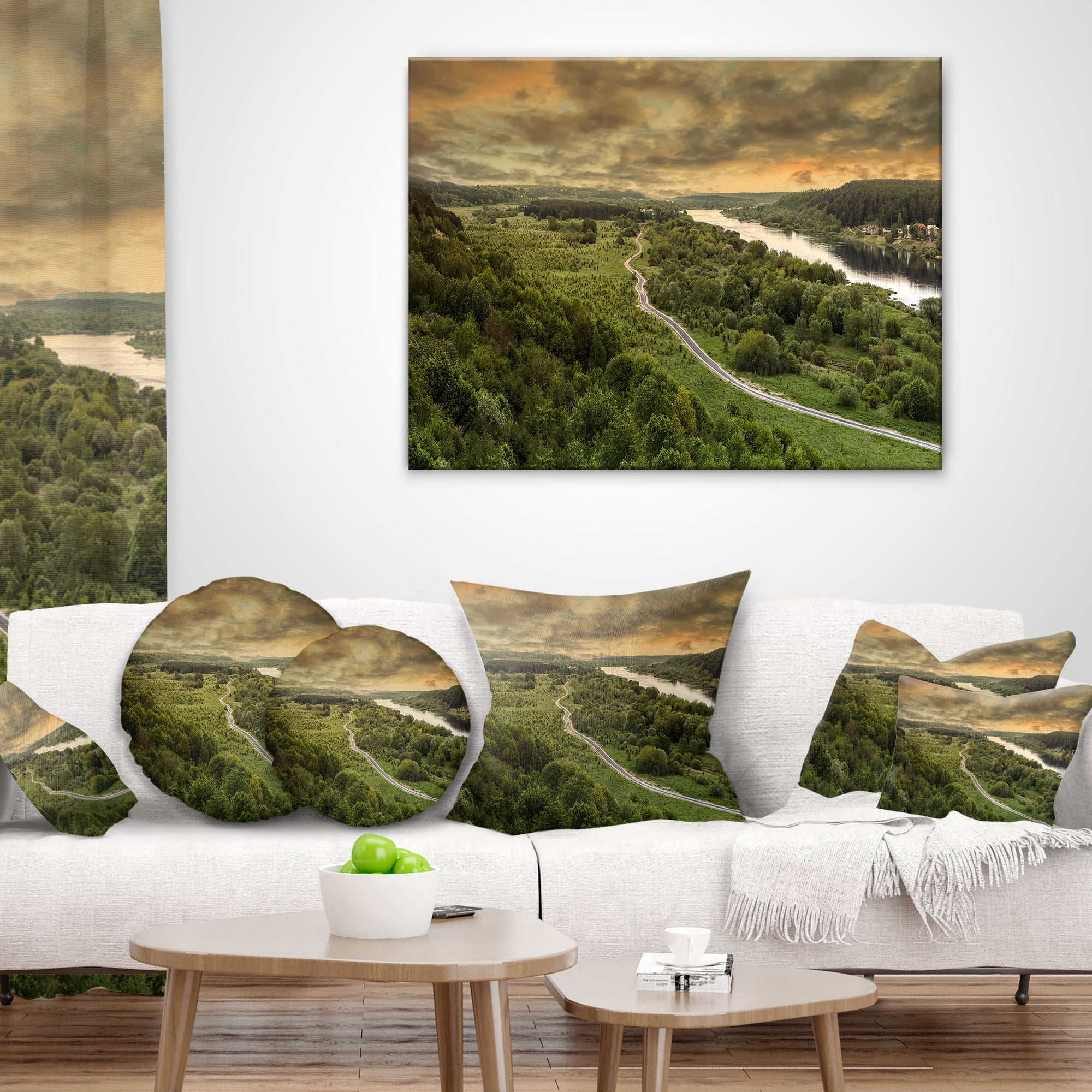 Designart Road along the Nemunas in Green - Landscape Printed Throw Pillow - 12x20