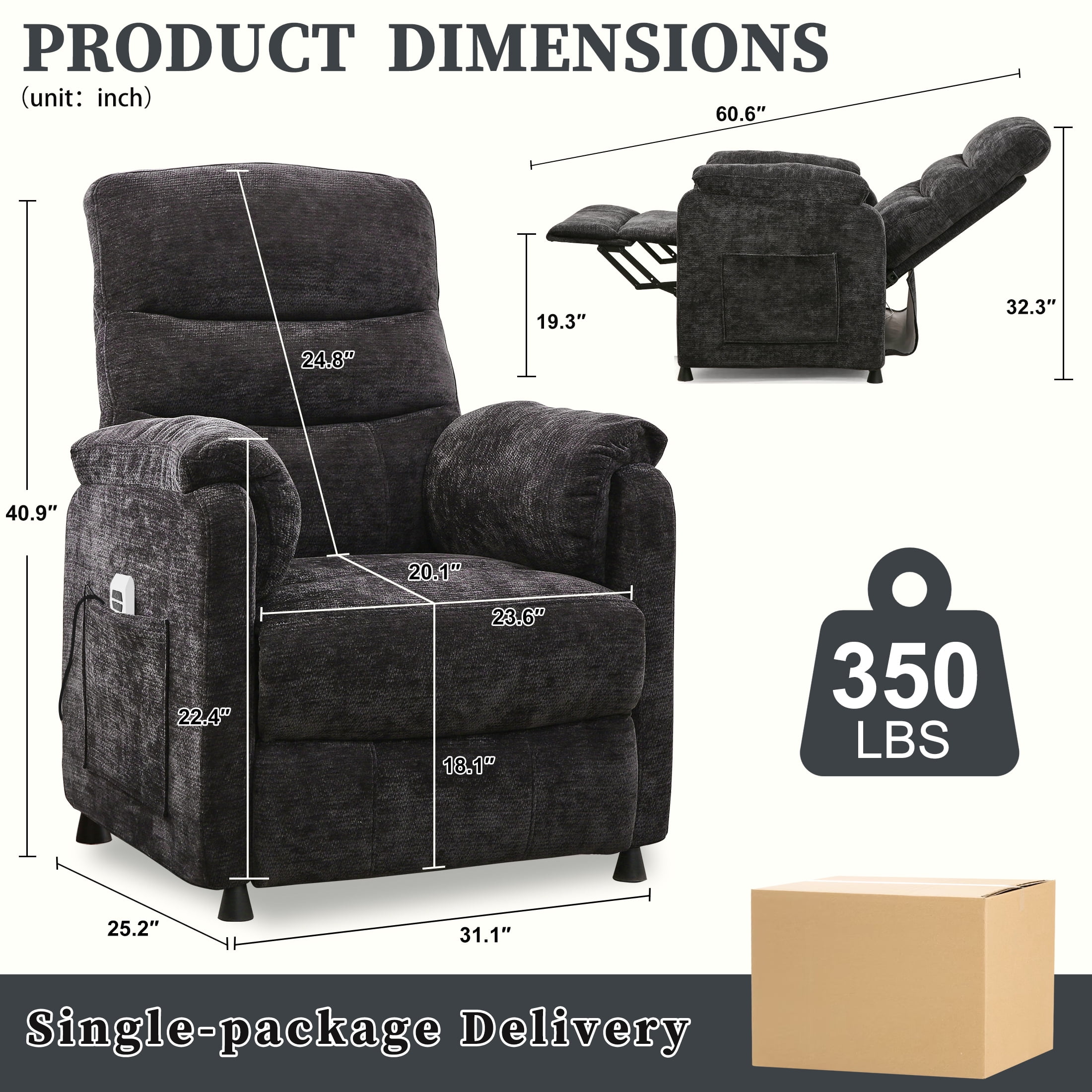 Electric Power Recliner Chair, Modern Chenille Fabric Recliner with Side Pocket & Remote, Nursery Recliner Chair for Living Room Small Space, Black