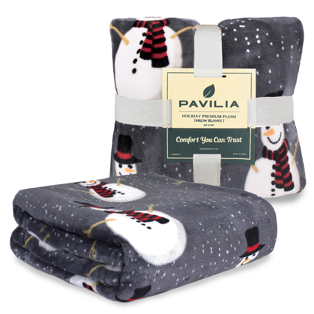 PAVILIA Christmas Snowman Throw Blanket  Grey Christmas Fleece Blanket  Soft, Plush, Warm