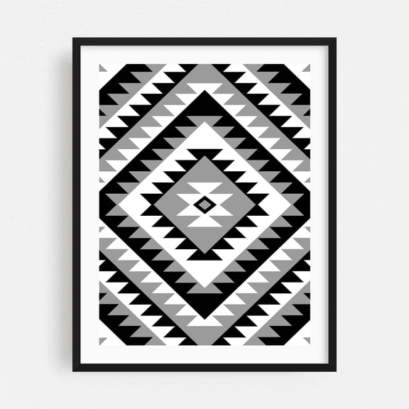 Aztec Motif Diamond Monochrome - Digital Art Geometric Black and White Pattern Abstract Minimalist Modern Art Art Deco Black Framed Wall Art Print 8 x 10 inches
