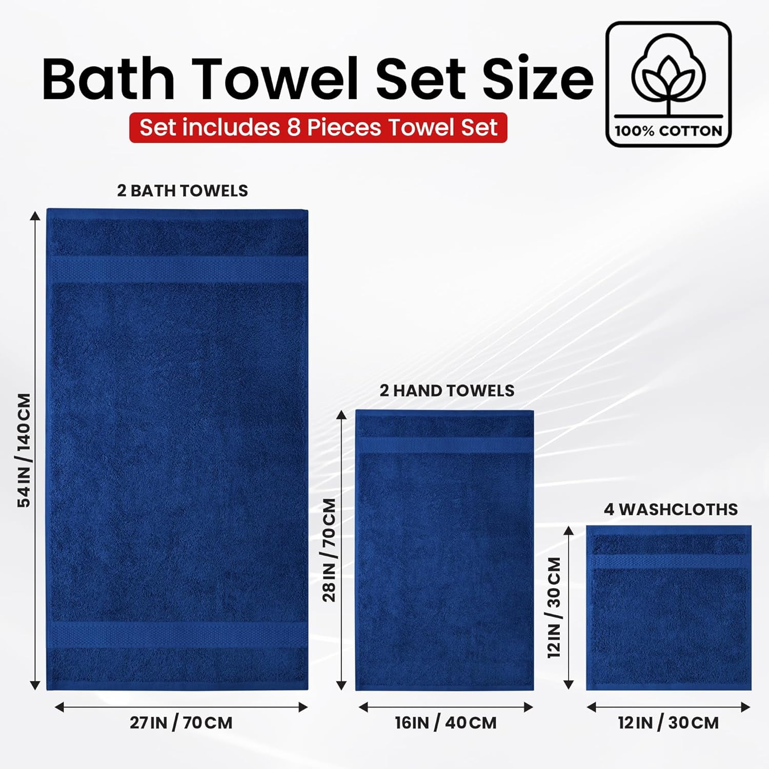 Infinitee Xclusives Premium Navy blue Bath Towel Set - [Pack of 8] - 2 Bath, 2 Hand & 4 Washcloths