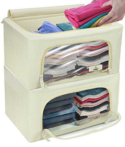 WONLIFE Folding Storage Box,Storage Bins for Clothes,Collapsible Container/Handle,Foldable Storage Bin,Closet Storage Bag,Stackable Bin Box,Steel Frame Storage Box,Clear Window,Zipper, 2-Pack,Gray,L
