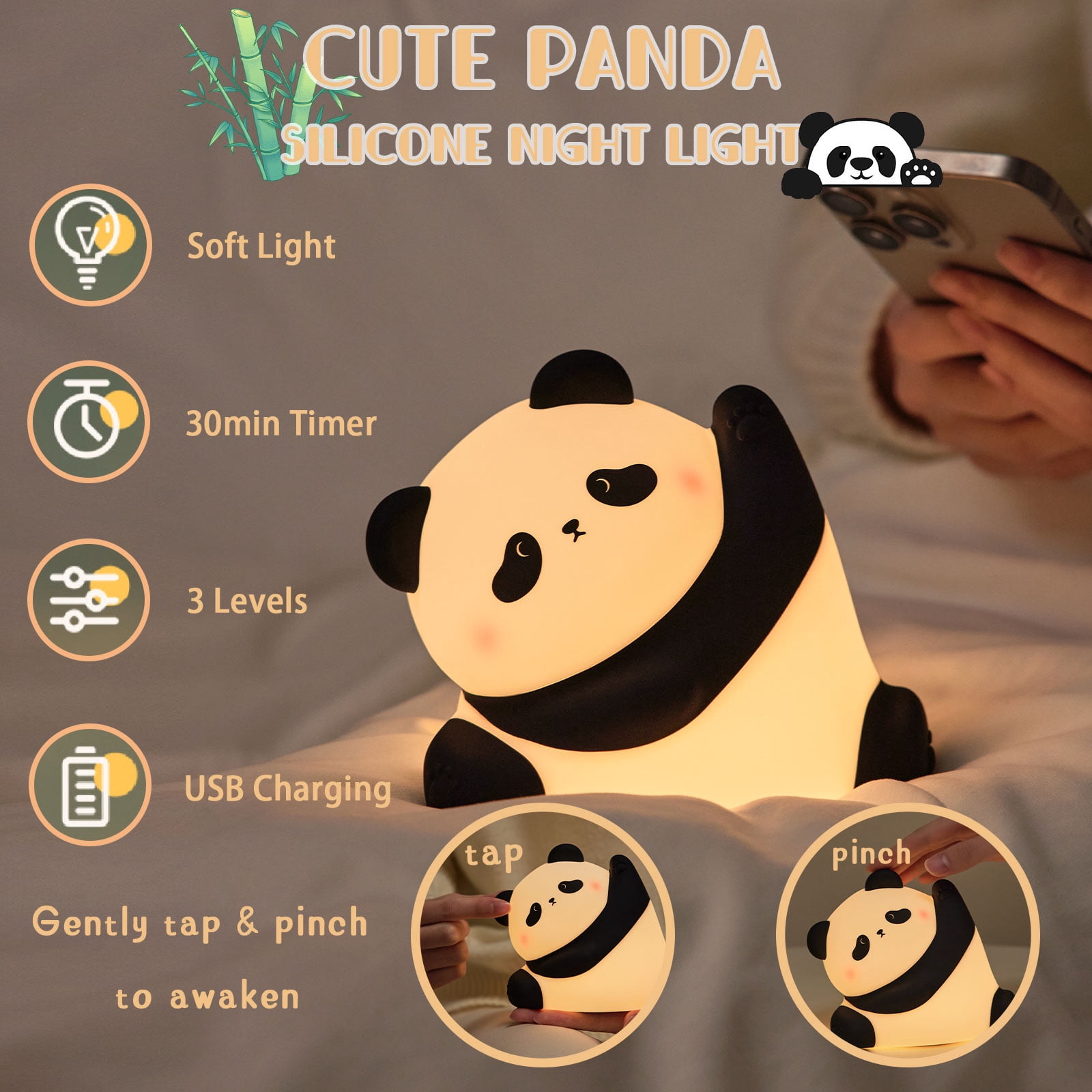 Cute Panda Night Light for Kids, Silicone Nursery Lamp with 3 Brightness Dimmable, 1800mAh Rechargeable Bedside Touch Lamp, LED Table Lamp 30 Minutes Timer, Squishy Night Light for Toddler Boy Girls