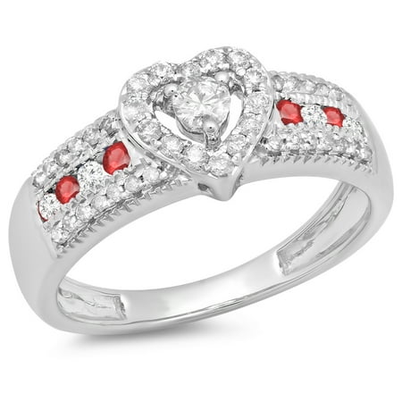 0.55 Carat (ctw) 14K White Gold Round Cut Ruby & White Diamond Ladies Bridal Heart Shaped Promise Engagement Ring 1/2 CT