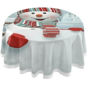 SKYSONIC 60" Happy Snowman Christmas Round Tablecloth Pine Tree Forest Table Cloth Cover Mat Washable Polyester Dining Decorative for Holiday Home Picnic Party Wedding