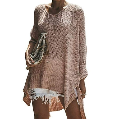 Women's Off Shoulder Casual V Neck Sheer Loose Oversized Pullover Sweater High Low Knitted Jumper