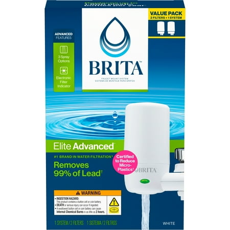 Brita Elite Water Faucet Filtration Mount System, Fits Standard Faucets, White, Includes 2 Filters