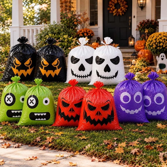 10 Pack Halloween Leaf Bags, 24 x 30 Inch Lawn Waste Bags with Spooky Faces, Assorted Color Outdoor Yard Decoration Bags for Fall Leaves, Halloween Lawn Deco