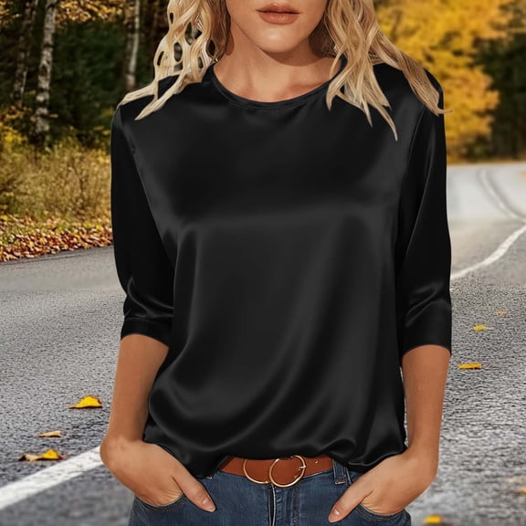 Women's Long Sleeve Satin Blouses Loose Crewneck Silk Shirts (Black XXL)