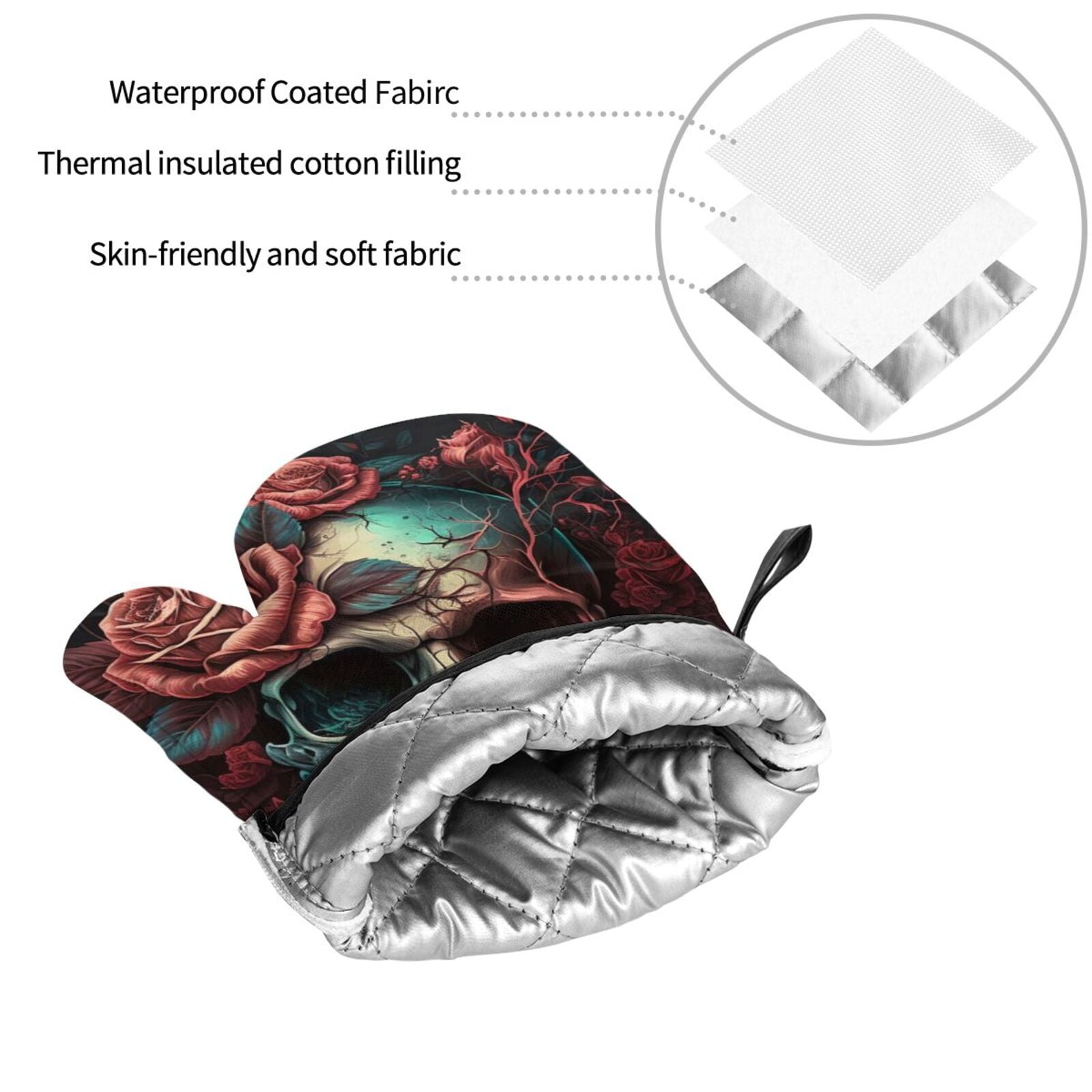 Skull Death Roses Retro 4Pcs Oven Mitts and Pot Holders Sets Oven Kitchen Gloves Hot Pads for Cooking BBQ Baking Grilling