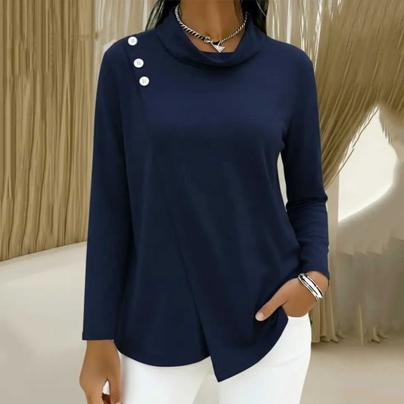 Nuoqisi Turtle Necks Tops for Women Long Sleeve Spring Summer Solid Color Button Shirts Mock Turtleneck Dressy Blouses Drop Shoulder Long Tunic Tops