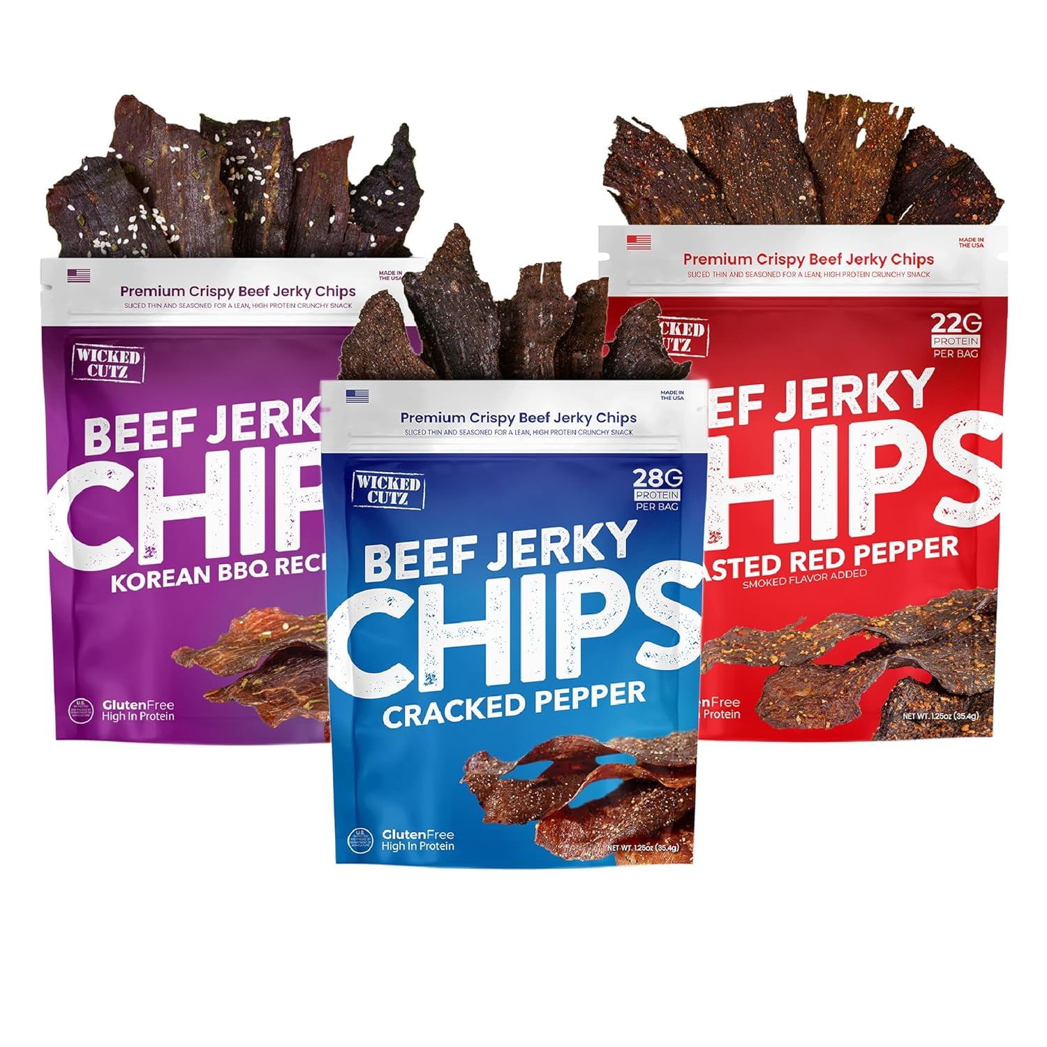 Wicked Cutz Premium Beef Jerky Crispy Chips, Korean BBQ Recipe, 28g Protein, 1.25 oz, 2-Pack