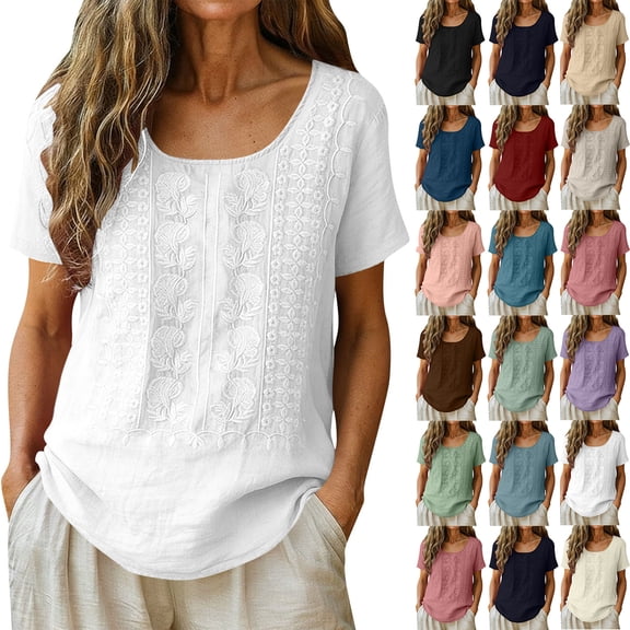 Women's Clothing Cotton Linen Solid Color Crew Neck Embroidered Loose Short-Sleeve Top Everyday Wear Sports Fitness Versatile