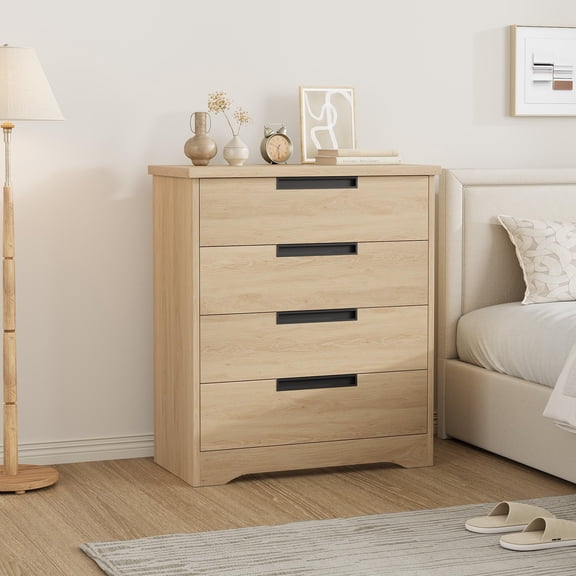 Wood Nightstand 30" Large End Table 4 Drawers Natural Oak
