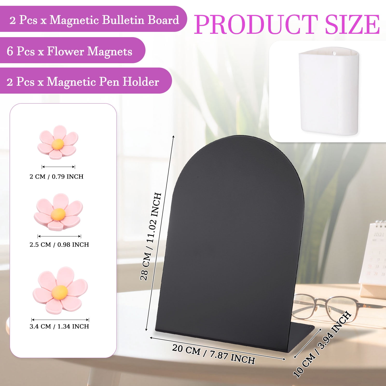 Uxcell 2 Pcs Magnetic Bulletin Board, Memo Magnet Display Stand Board with 6 Flower Magnets & Pen Holder for Home Office, Black/Pink/White