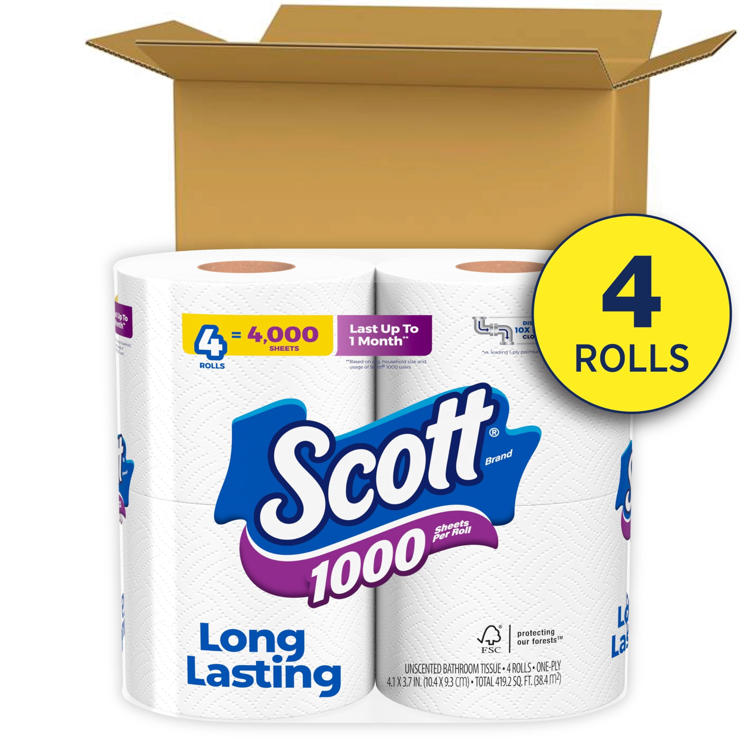 2X-Scott 1000 Sheets Per Roll Toilet Paper, 4 Rolls, Bath Tissue