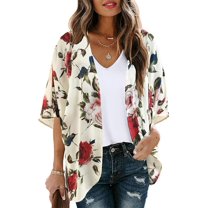 SUCS Women's Floral Print Puff Sleeve Kimono Cardigan Loose Cover Up Casual Blouse Tops