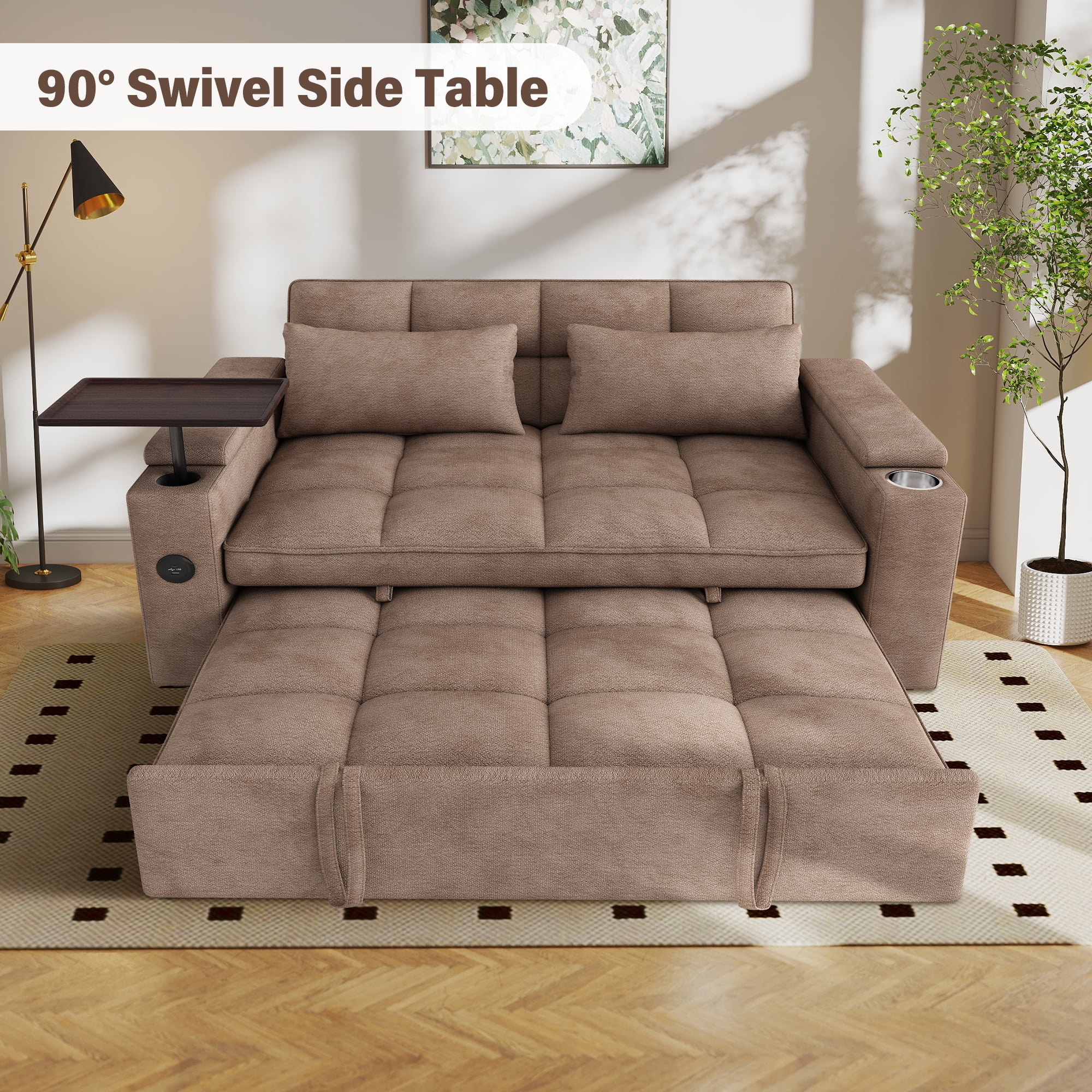 Aukfa 65"W Convertible 3-in-1 Sofa Bed with Storage, Queen Chenille Sleeper Couch with USB/Type-C Ports & Rotating Side Table,khaki