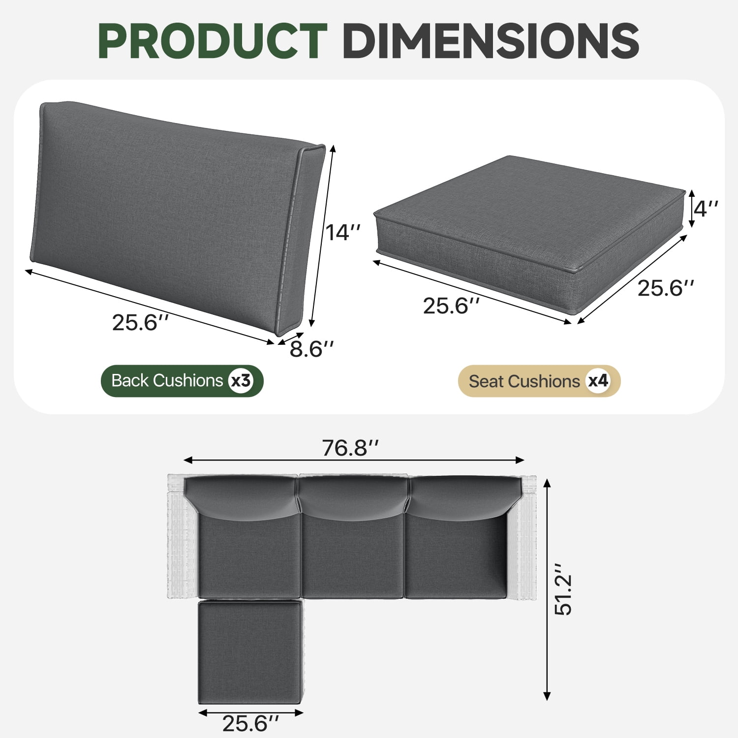BaPiPro 4-Person Dark Gray Outdoor Sectional Sofa Cushions, Waterproof Polyester Patio Cushions with High-Density Sponge, No Assembly Required, for Backyard, Balcony, Deck, Poolside