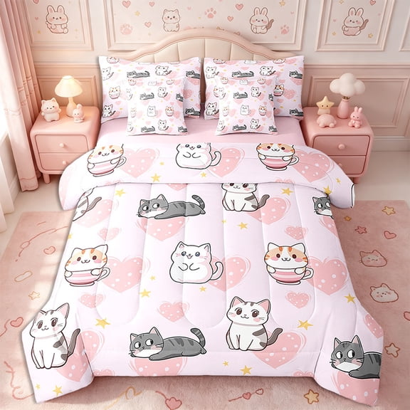 Erosebridal 7 Piece Bed In A Bag Twin Size Comforter Set,Cartoon Cat Girls Bedding Sets for Twin Beds,Cartoon Kitten Pet Pink Reversible Bed Set,Love Heart Comforter with Sheet Set,All Season