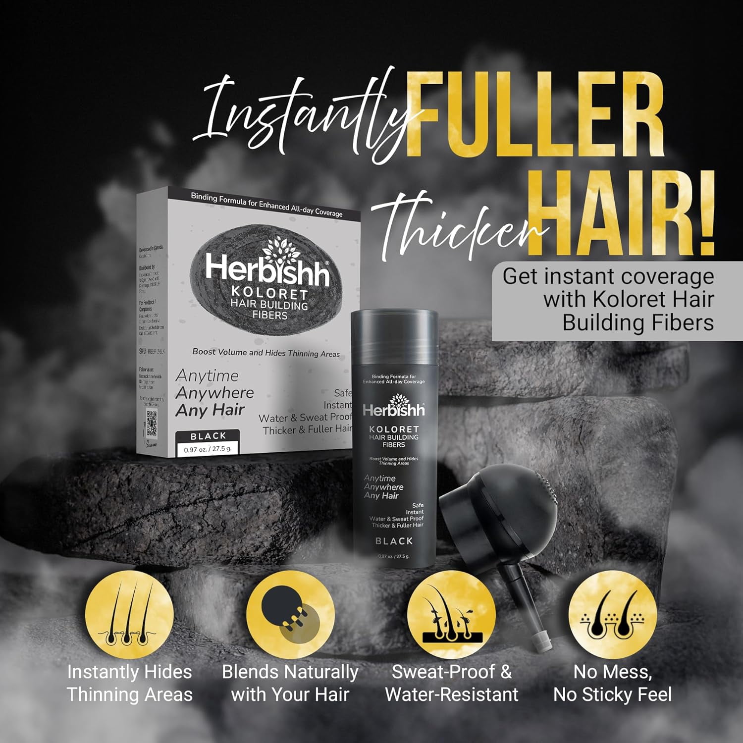 (2 pack) Herbishh Koloret Hair Building Fibers – Black Powder for Thinning Hair, Instant Bald Spot Cover Up & Scalp Concealer – Sweat-Proof & Water-Resistant Hair Thickening Fibers for Men & Women, 27.5g