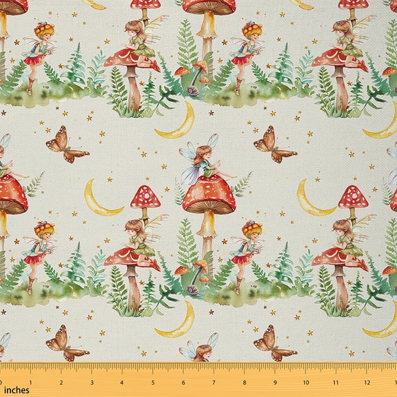 Feelyou Dreamy Fairy Elf Fabric by the Yard 1 Yard for Girls, Rustic Mushroom Sewing Fabric, Jungle Butterfly Animal Home Decor Fabric by the Yard, Ultra Soft Home Decor