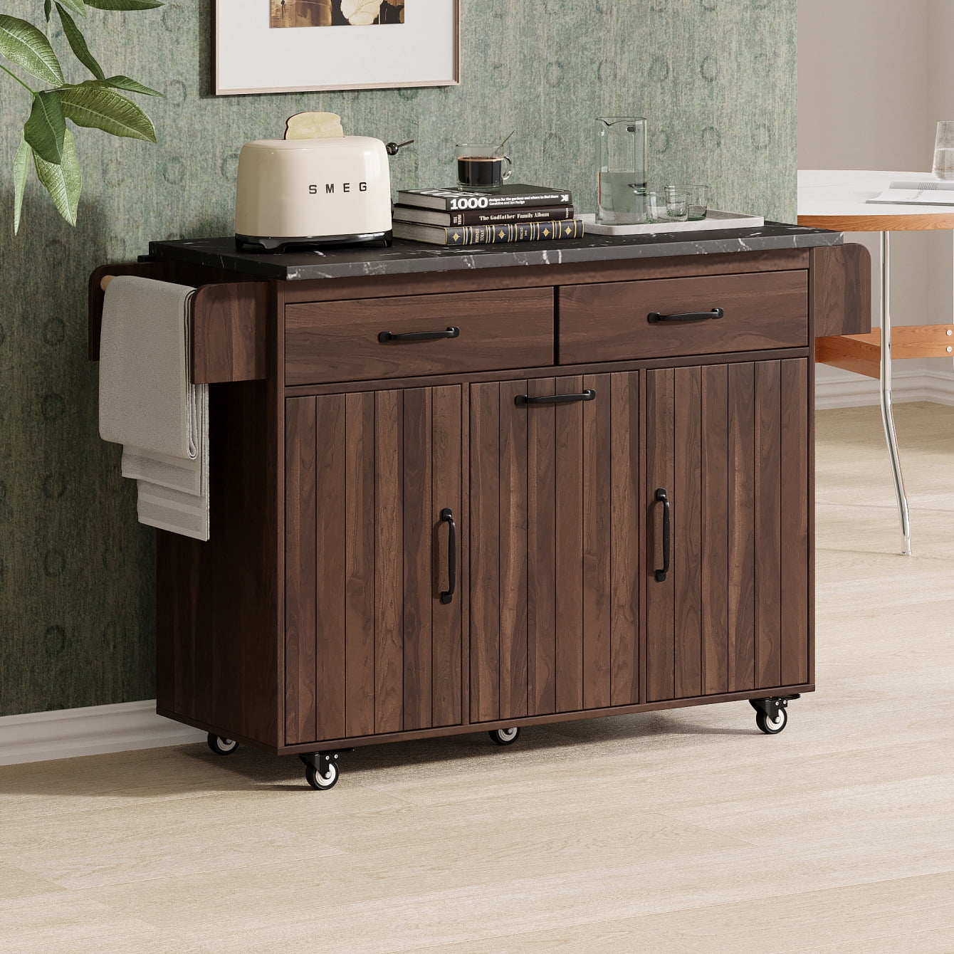 Rolling Kitchen Island with Trash Can Storage Cabinet,Mobile Kitchen Cart with Drop Leaf, Adjustable Spice Rack, Towel Rack and Drawer, Walnut Brown